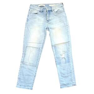 Anthropologie Pilcro Button Fly Patchwork Jeans Women 25 Distress Raw Ankle Crop